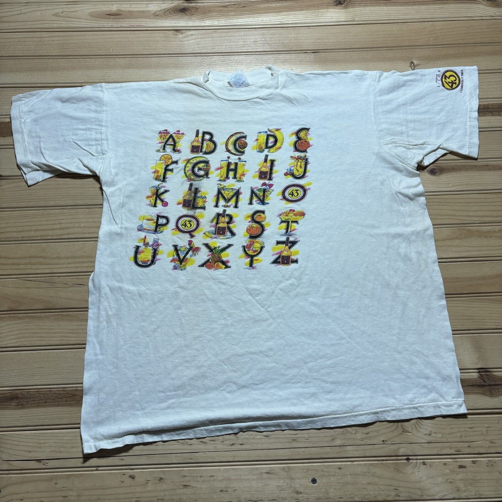 Vintage 80s Imported Licor 43 Alphabet Liquor Promo Art Shirt Size XL