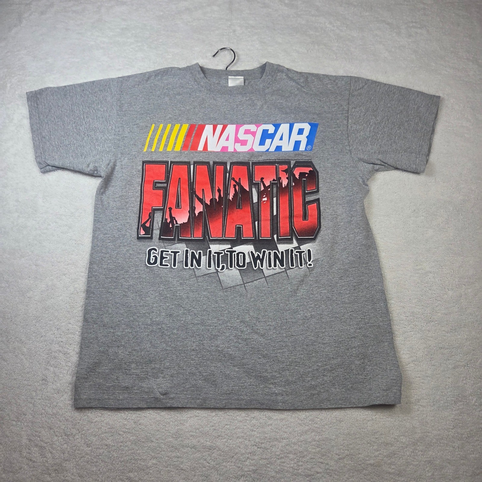 NASCAR Fanatic T Shirt Mens Large Gray Checkered Flag Sports Anvil Graphic Tee