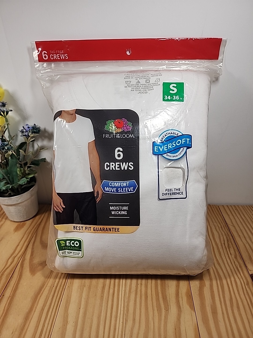 Mens White CREW Small T-Shirts moisture wick 100% Cotton 6 count