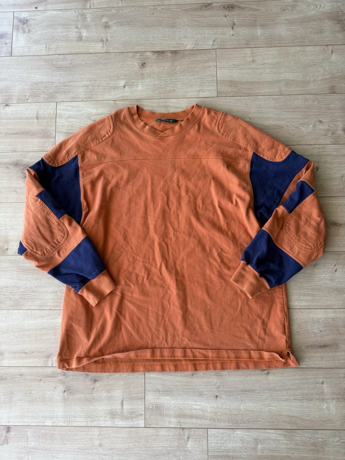 Orvis Rugby Shirt Mens XL Orange Blue Heavyweight Cotton Long Sleeve Outdoor