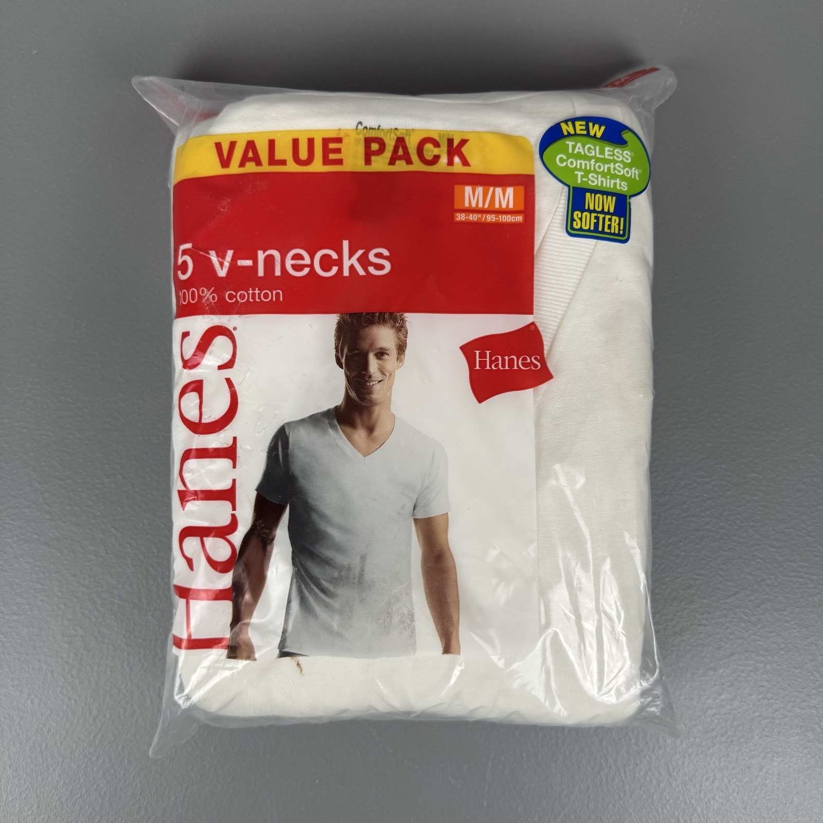 VTG Hanes T-Shirt Men M 38-40&Prime; White 5 Pack V-Neck Tagless Cotton 777P5 NOS 2006