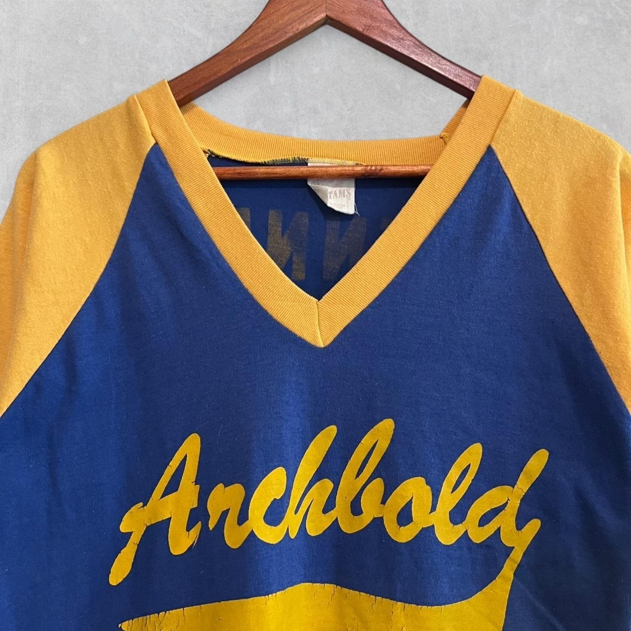 Vintage 70s Sportswear Athletic Shirt Two Tone Flock Print Blue T Shirt Size M