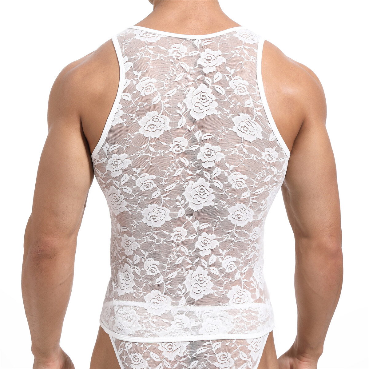Lace Men Tank Tops Gym Muscle T-Shirt Top See Through Gay Vest Floral Undershirt