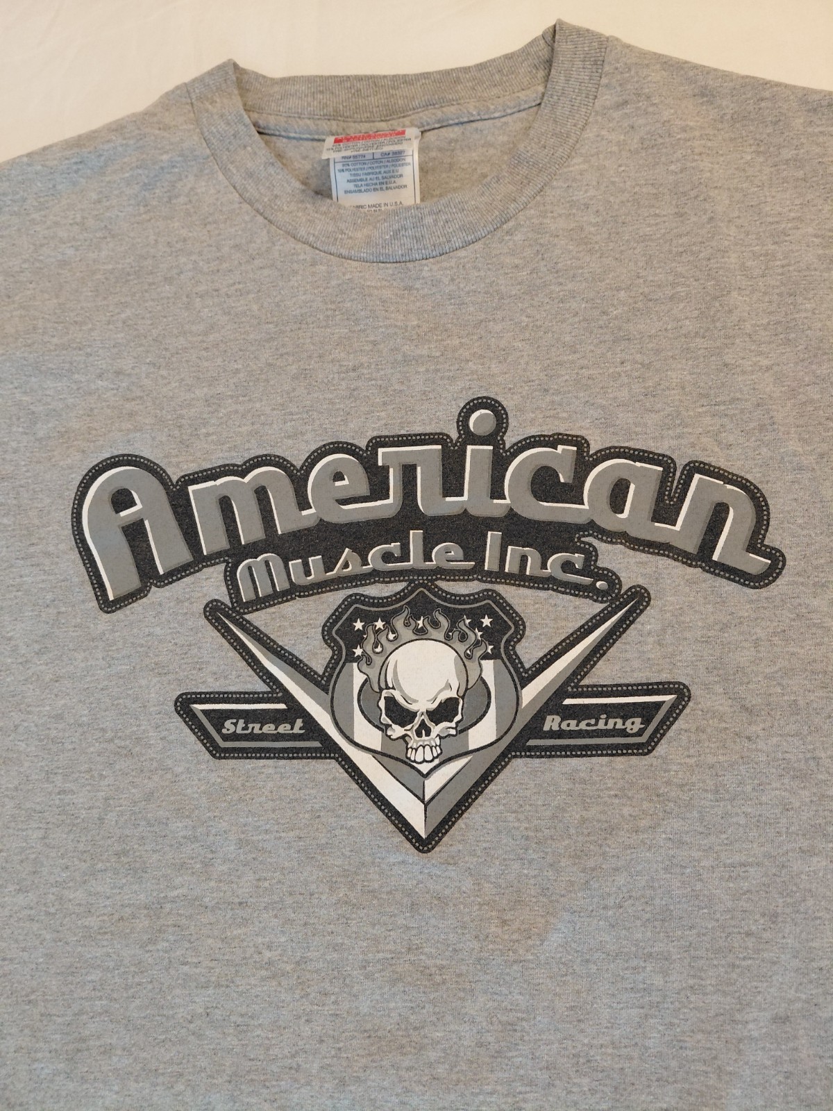 American Muscle Gray Skull Racing Graphic Print Crew Neck T-Shirt L