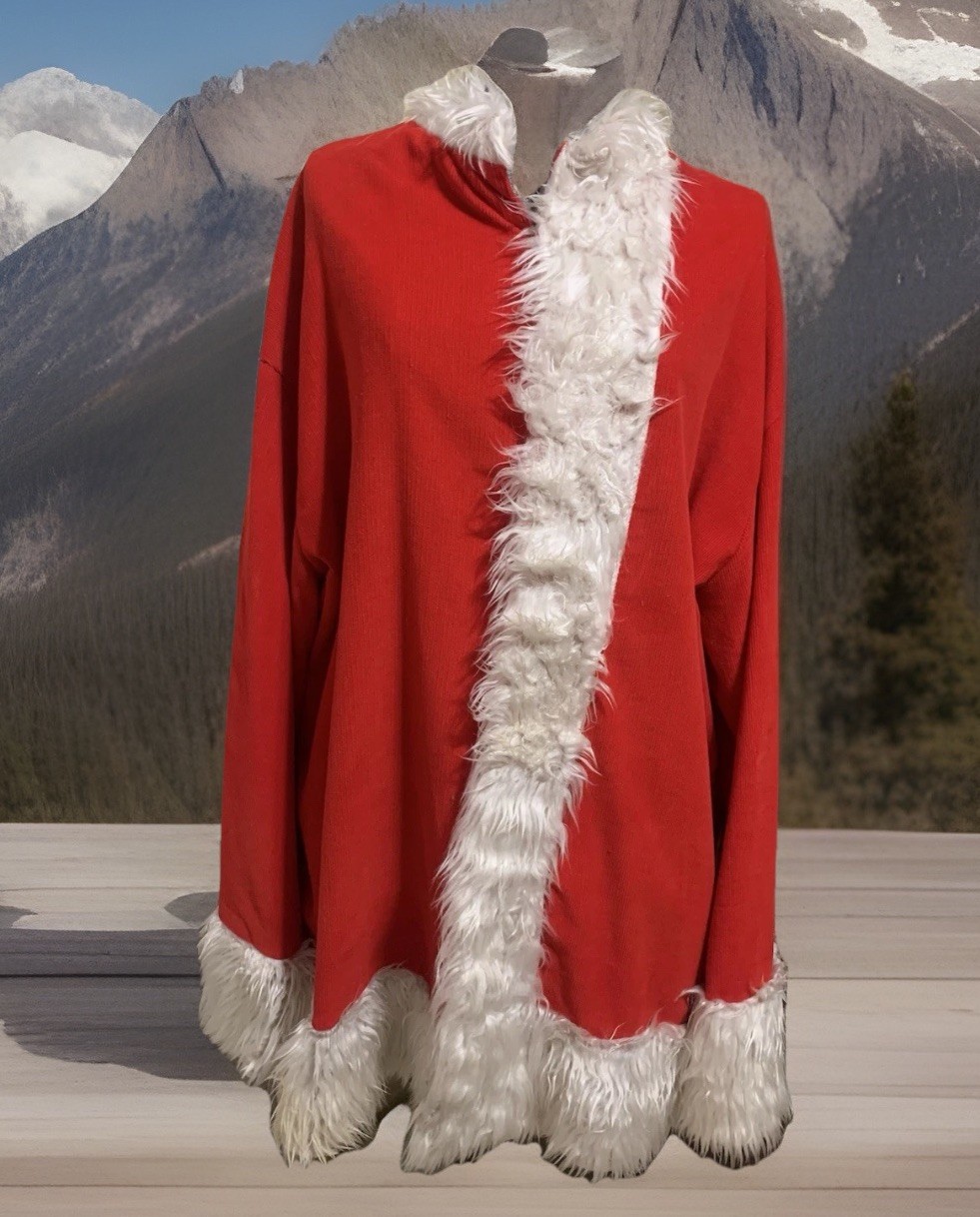 Men’s Vintage 70s Bad Santa Shirt Red Corduroy Faux Fur Trim Full Zip Size XL