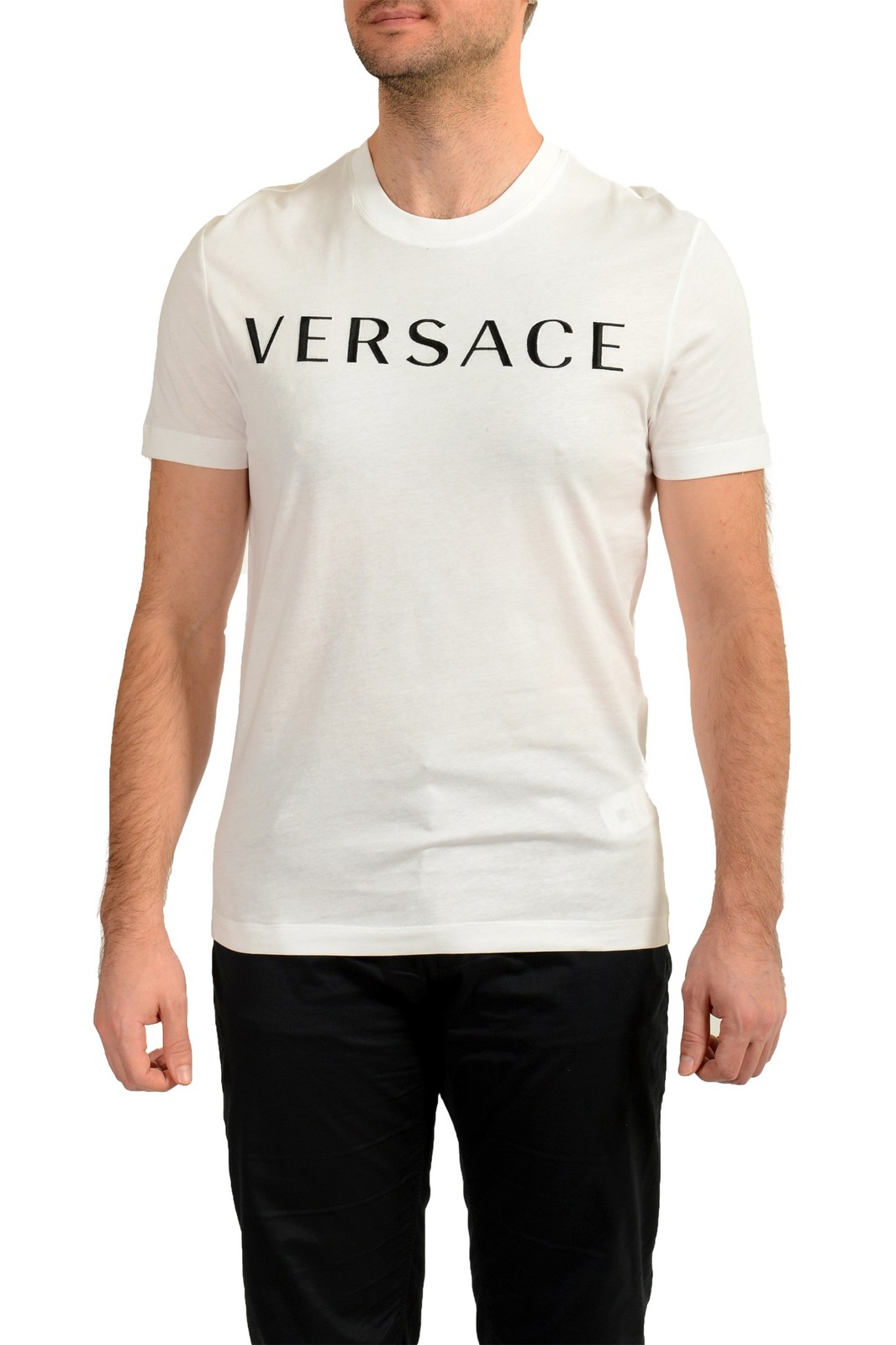 Versace Men&rsquo;s White Logo Embellished Crewneck Short Sleeve T-Shirt US XS IT 46