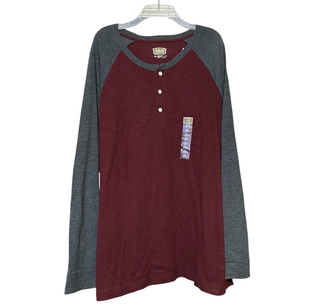 Foundry 3XL Henley Shirt Burgundy Gray Raglan Long Sleeve Big Tall NWT