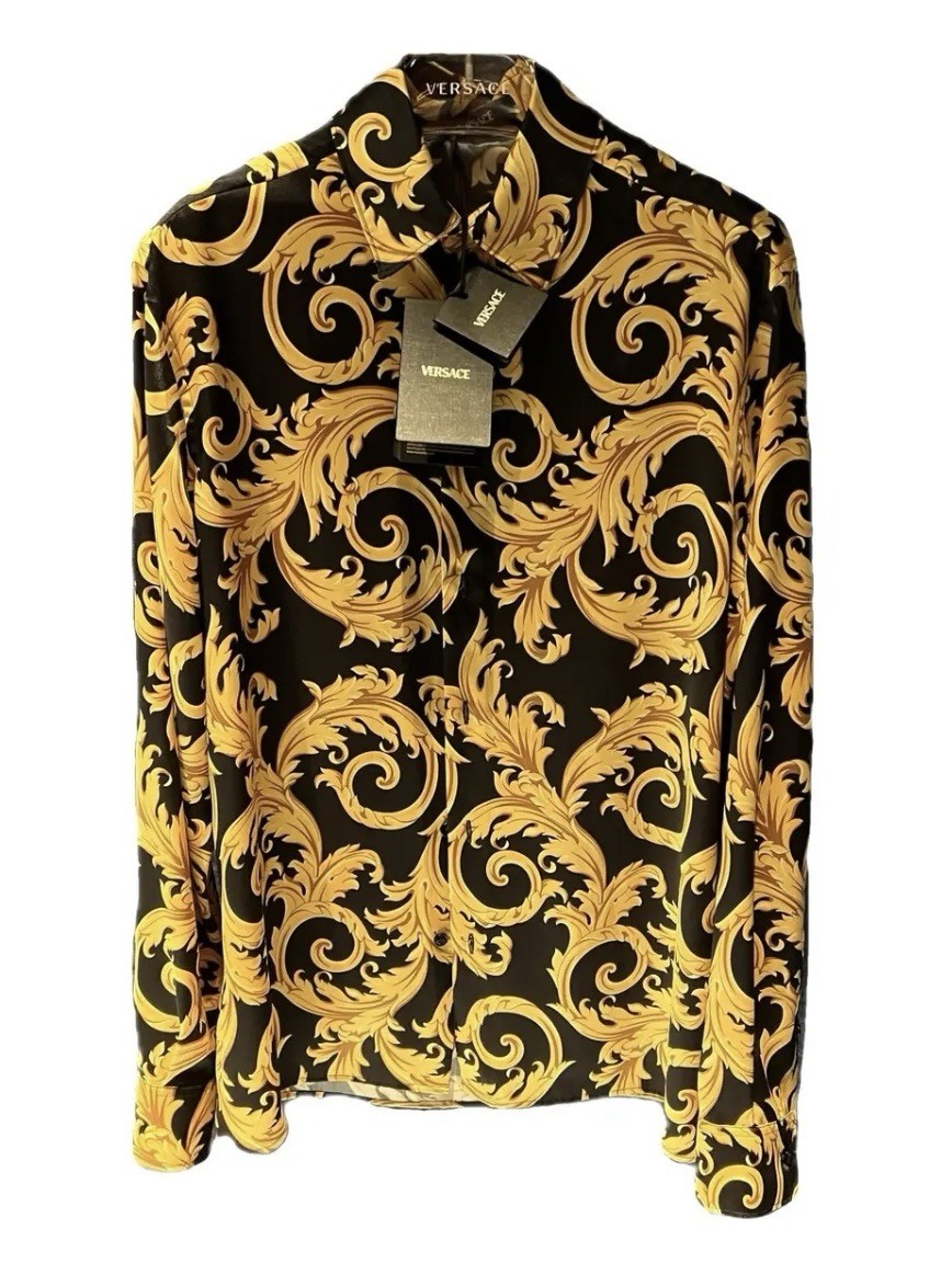Versace Informal Shirt Twill Poly Baroque Black And Gold 50IT(US L)$1750 Retail