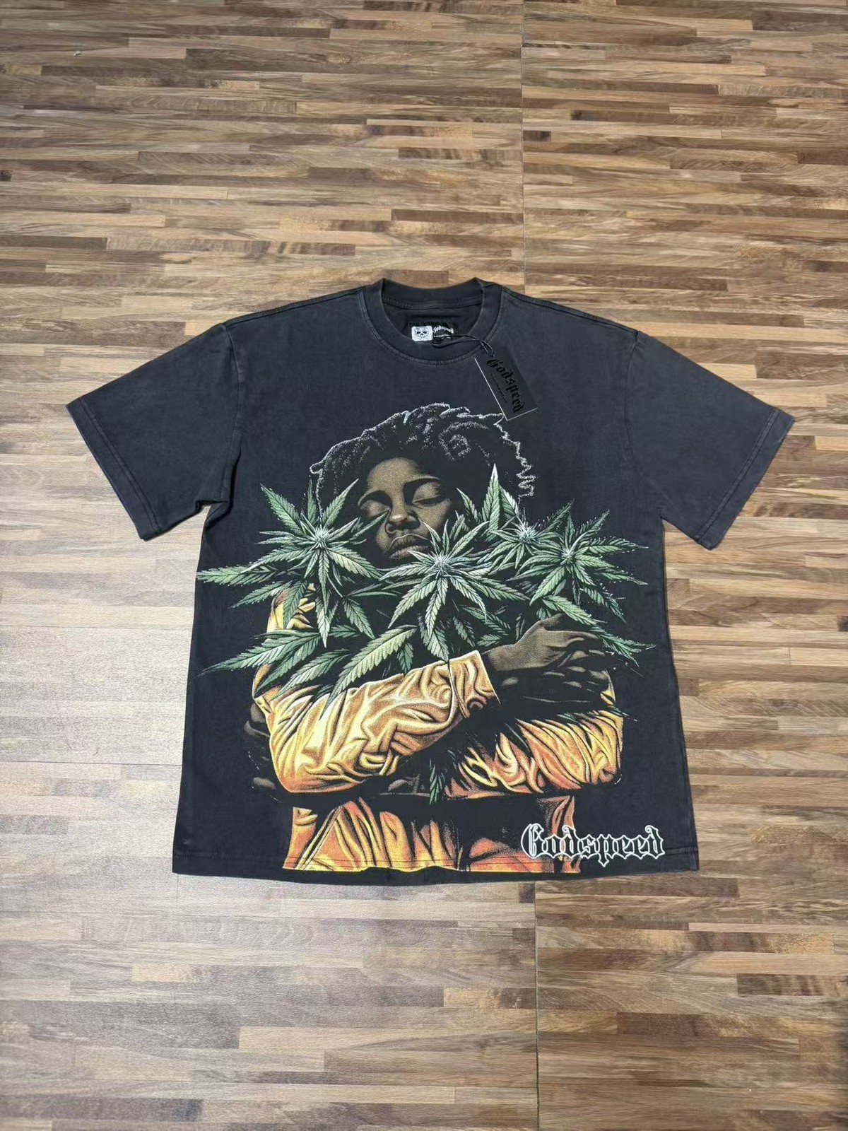 26SS Godspeed Four cornered leaves of a character print Tee Mens T-shirt