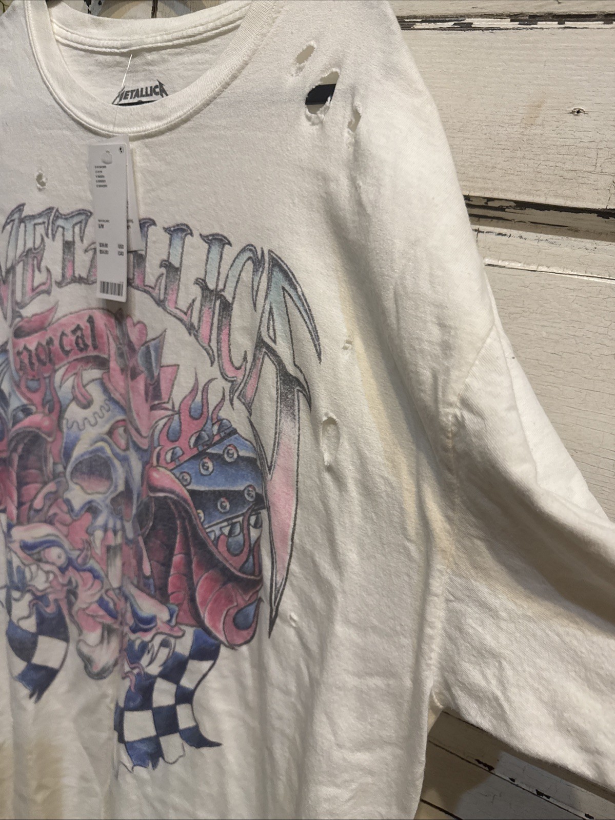 Metallica Shirt Mens Small/Med White Graphic SoCal Skull Racing Band Tee Concert
