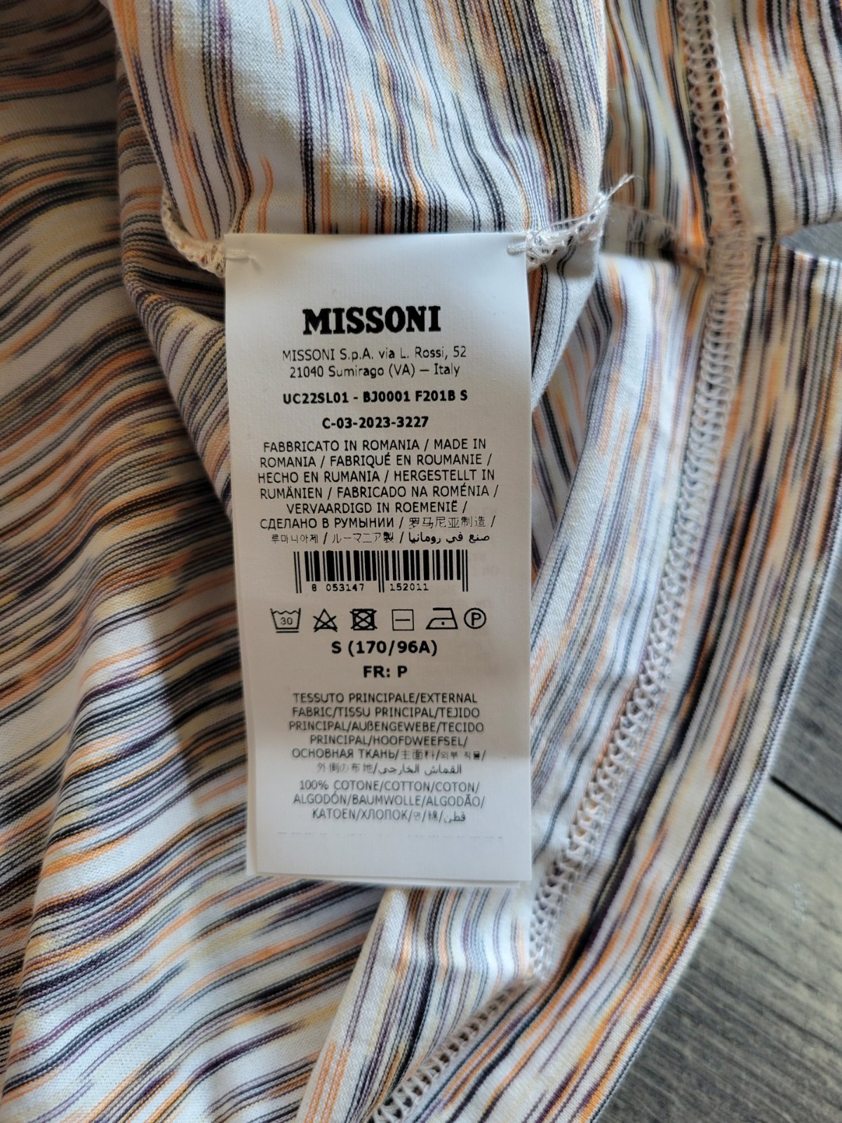 Missoni Space Dye Knit T Shirt S Striped Orange Black 100% Cotton Jersey Romania