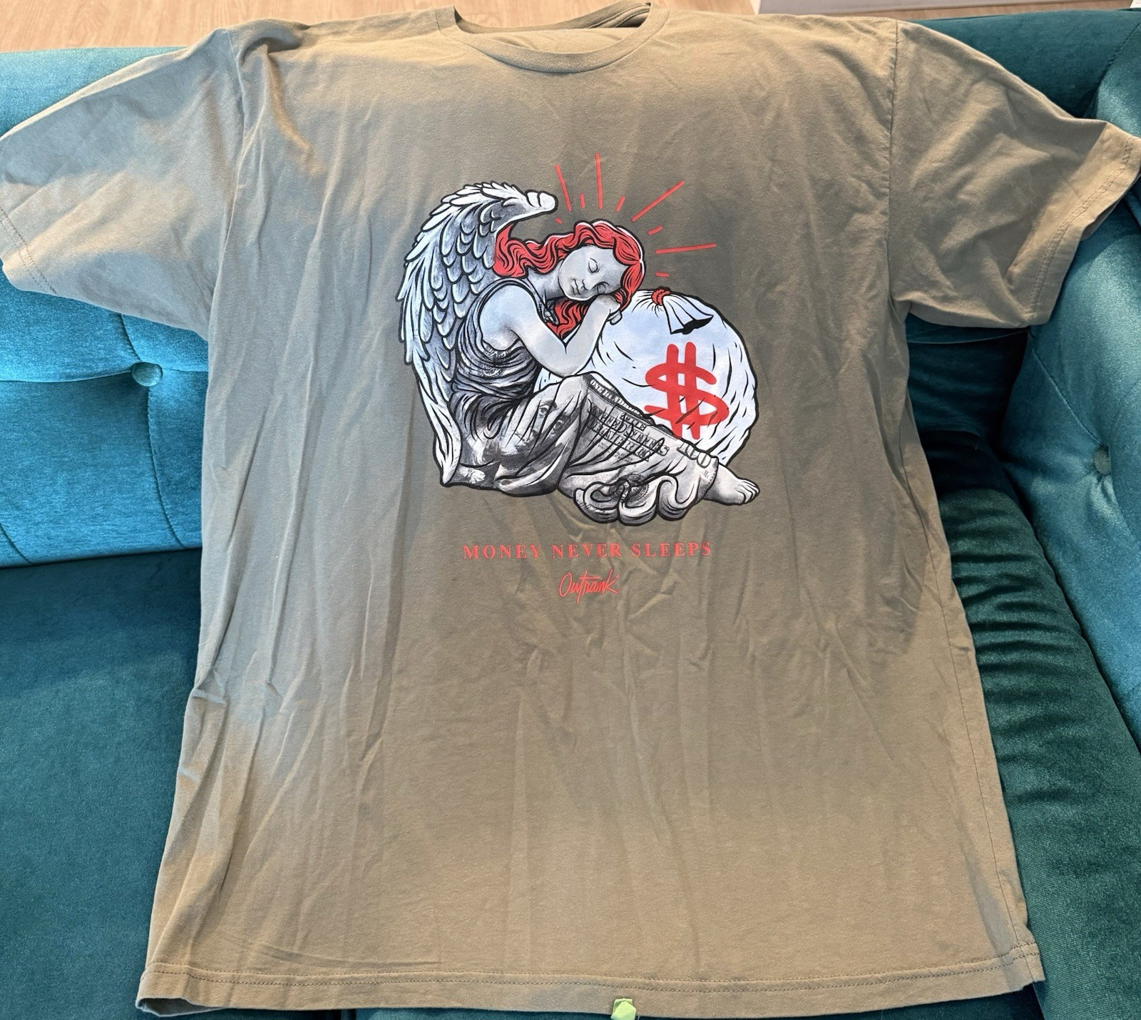 Outrank Men&rsquo;s Gray Crew Neck Short Sleeve Angel Money Graphic T-Shirt, 2XL