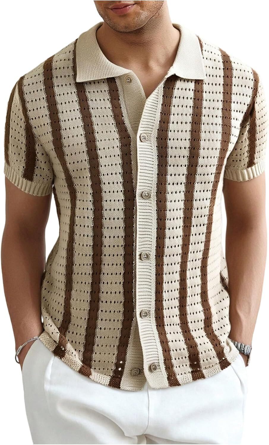 Men&rsquo;s Half Sleeve Crochet Knit Shirt Striped Hollow Out Collared Button Down Top