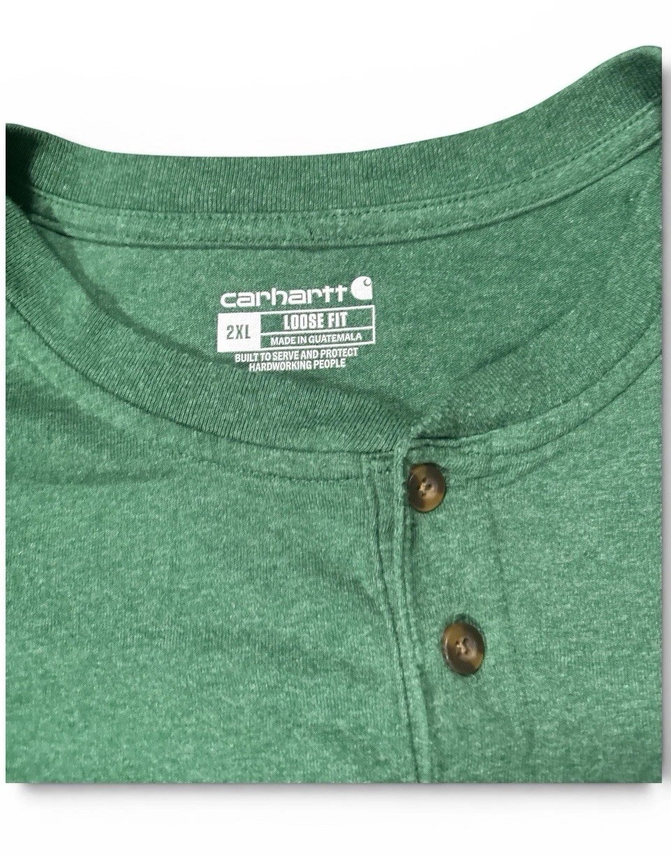 Carhartt Loose Fit Henley Shirt Men&rsquo;s 2XL Green Long Sleeve Pocket Logo TK0128