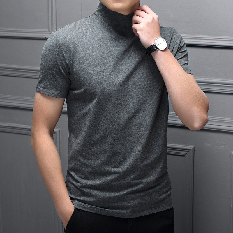 Mens High Neck T Shirt Stretch Turtle Casual Short Sleeve Slim Top