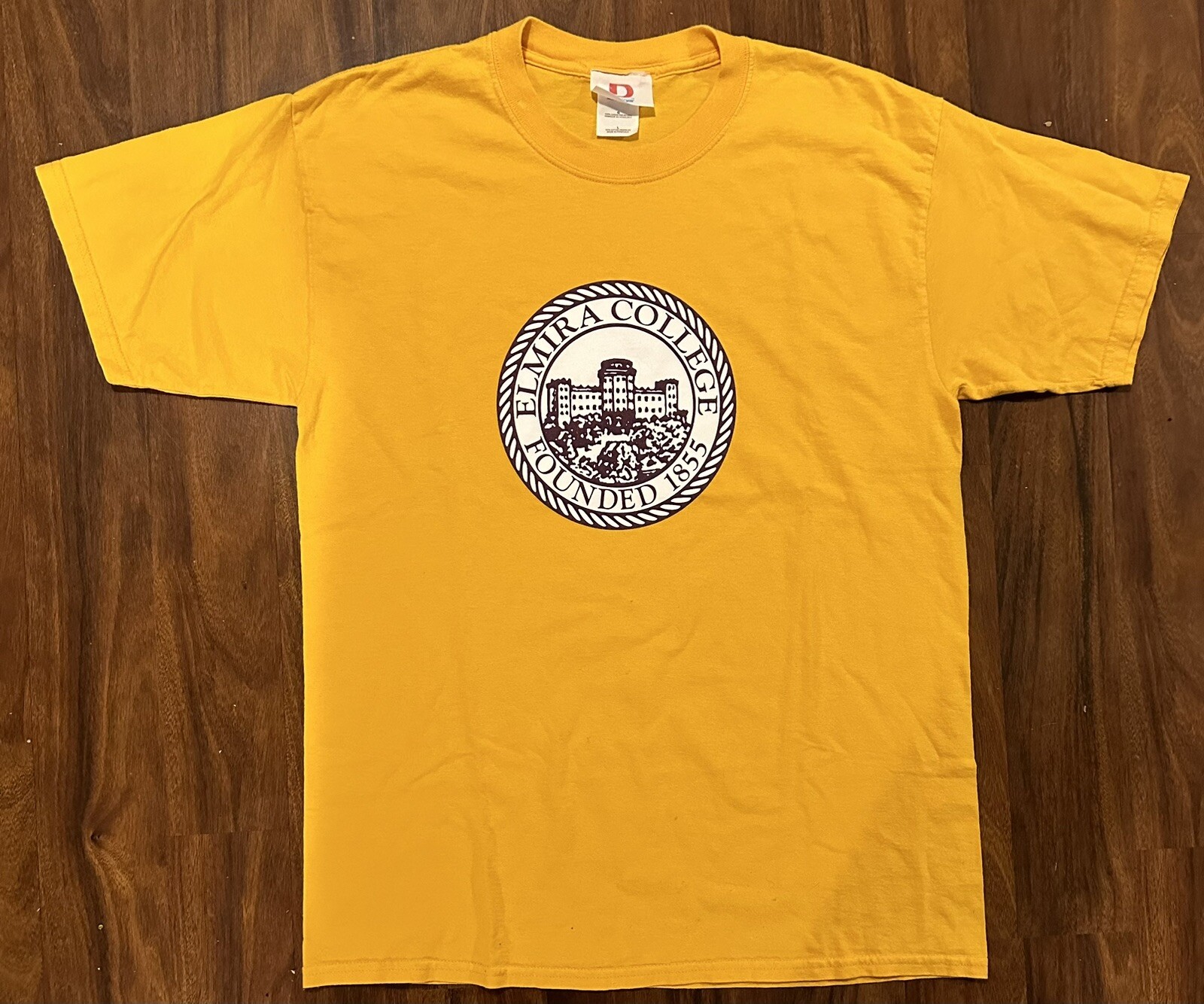 Rare Elmira College New York NY Yellow T Shirt Size Large Dodger Vintage