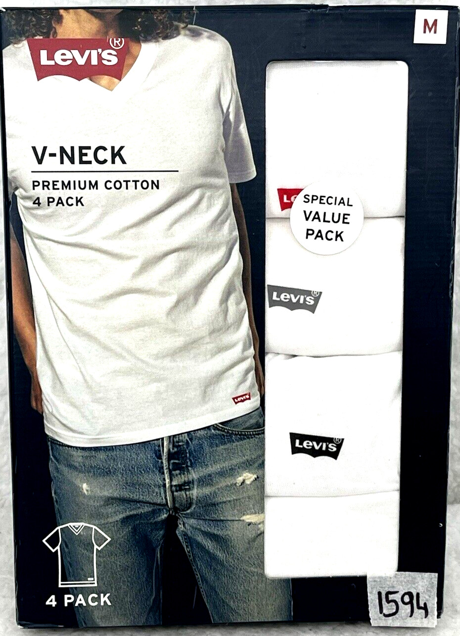 Levi&rsquo;s Men&rsquo;s V-Neck T-Shirts SZ Medium 4-Pk White Premium Soft Cotton W/ Logo