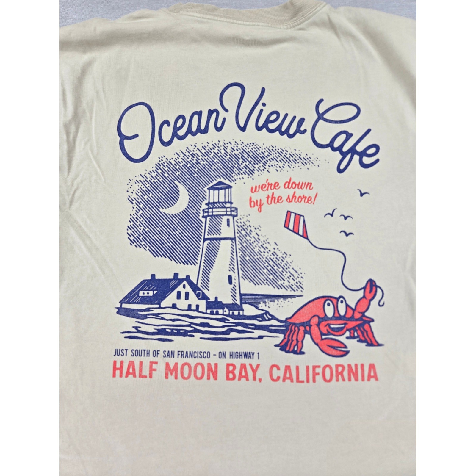 Hollister Mens Heavyweight Boxy Tee Tan Ocean View Cafe Half Moon Bay Graphic M