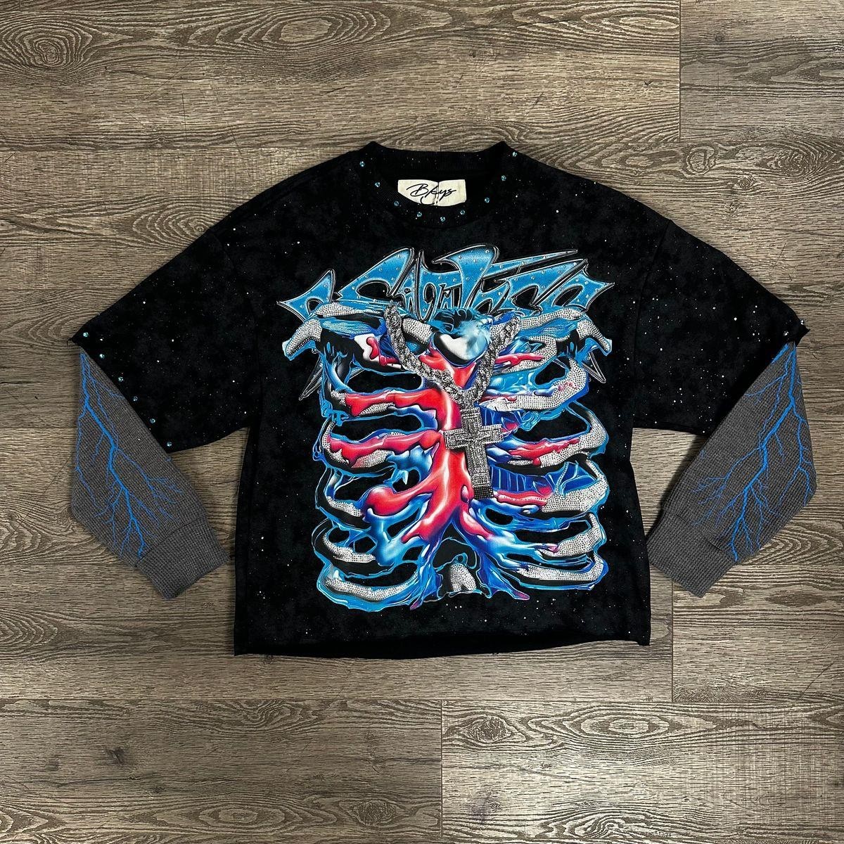 Men&rsquo;s Black Skull Graphic Print Crew Neck Long Sleeve Regular Fit Cotton T-Shirt