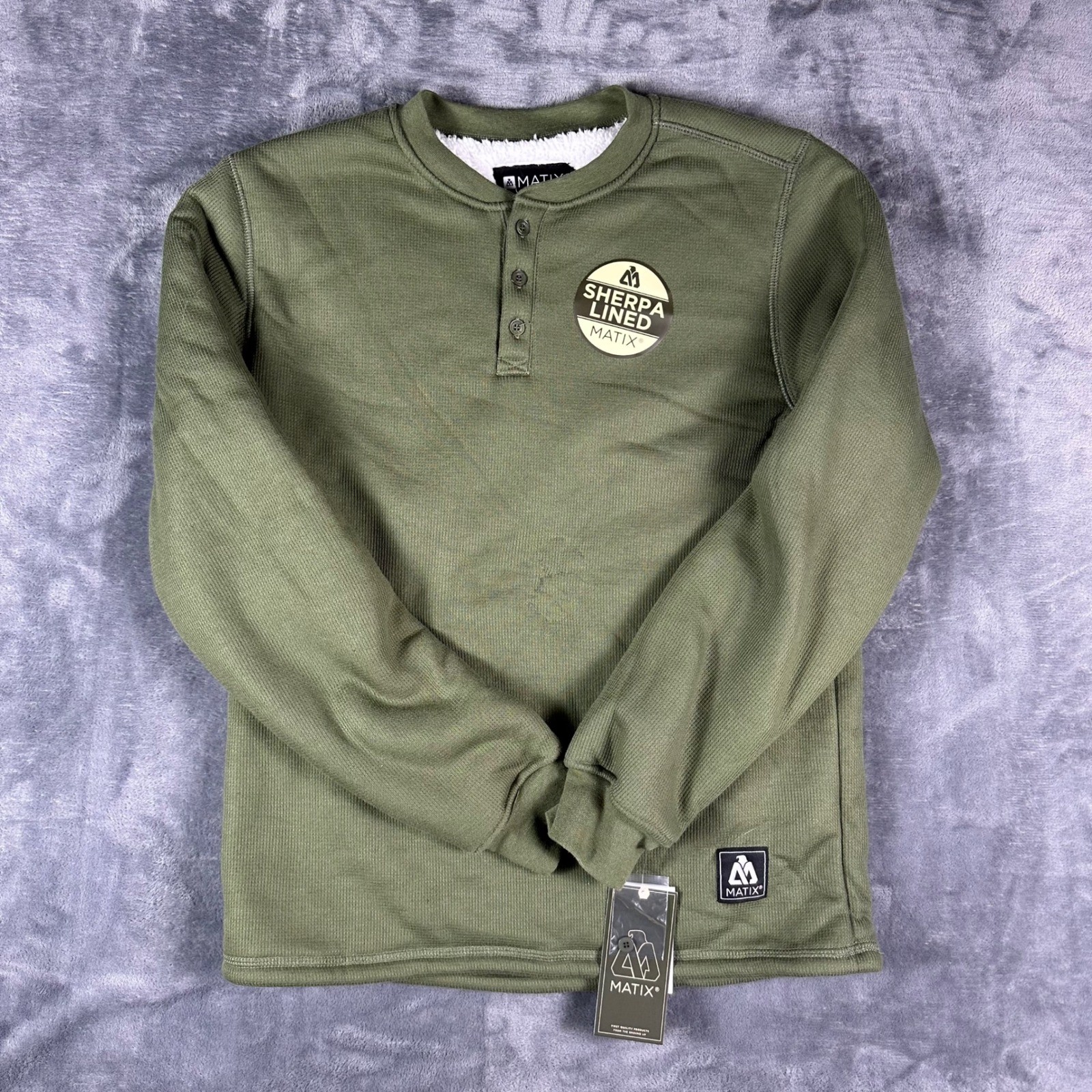 Matix Mens Sherpa Lined Henley Thermal Shirt Olive Green Long Sleeve Small NEW
