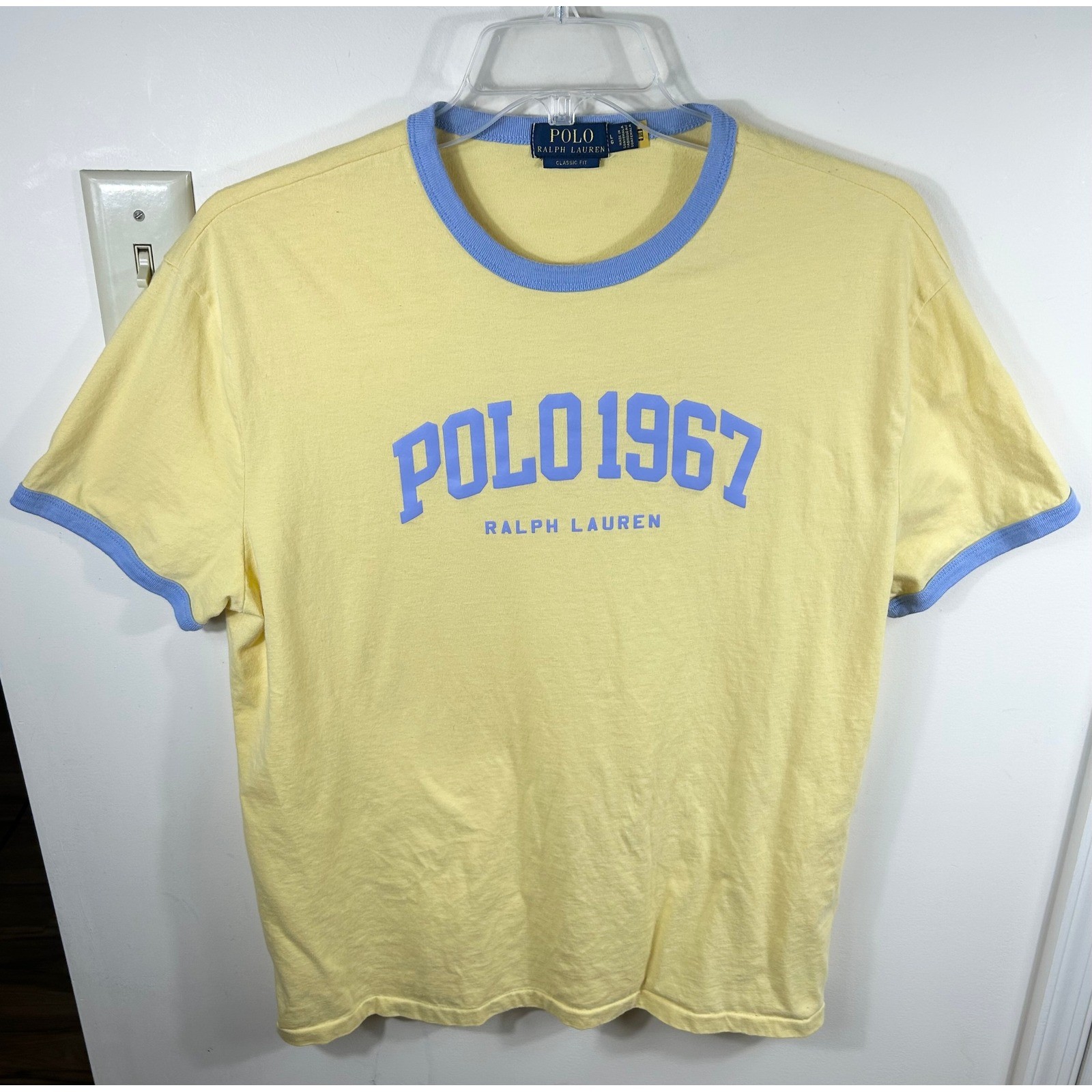 Polo Ralph Lauren Ringer T-Shirt Mens L Yellow Blue Polo 1967 Spell Out LOGO