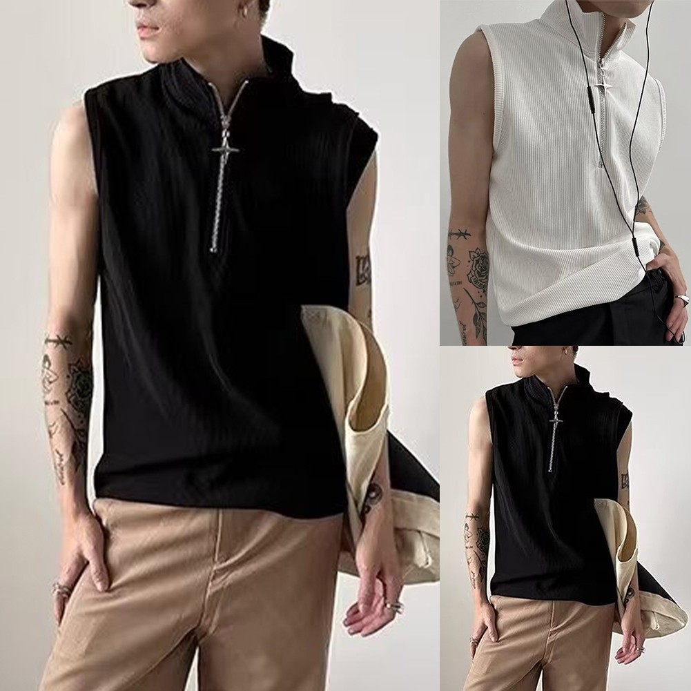 Retro Punk Zipper Tank Top for Men Stylish Sleeveless Vest with Stand Collar