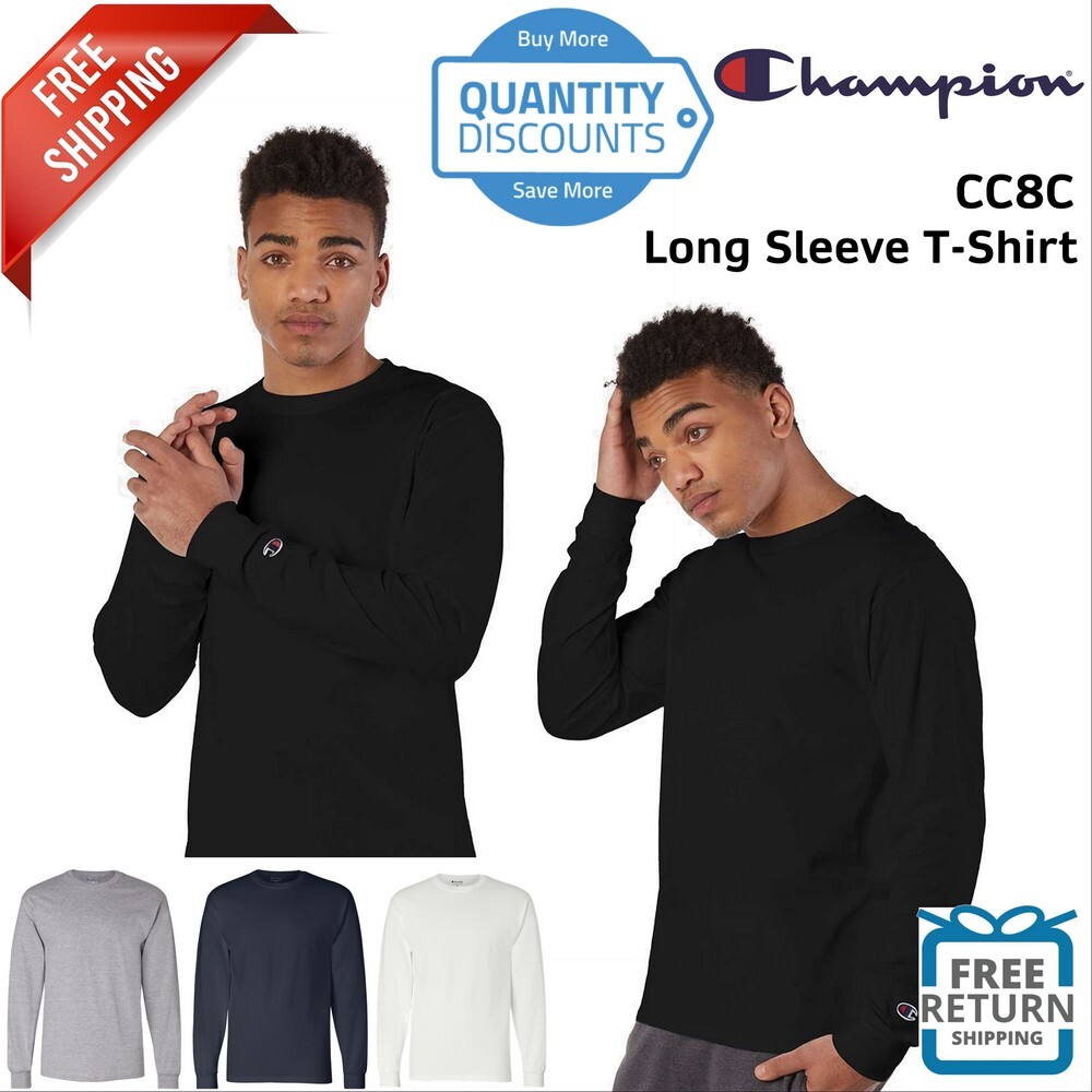 Champion Mens Long Sleeve Cotton T Shirt Blank Plain Solid CC8C Up To 2XL