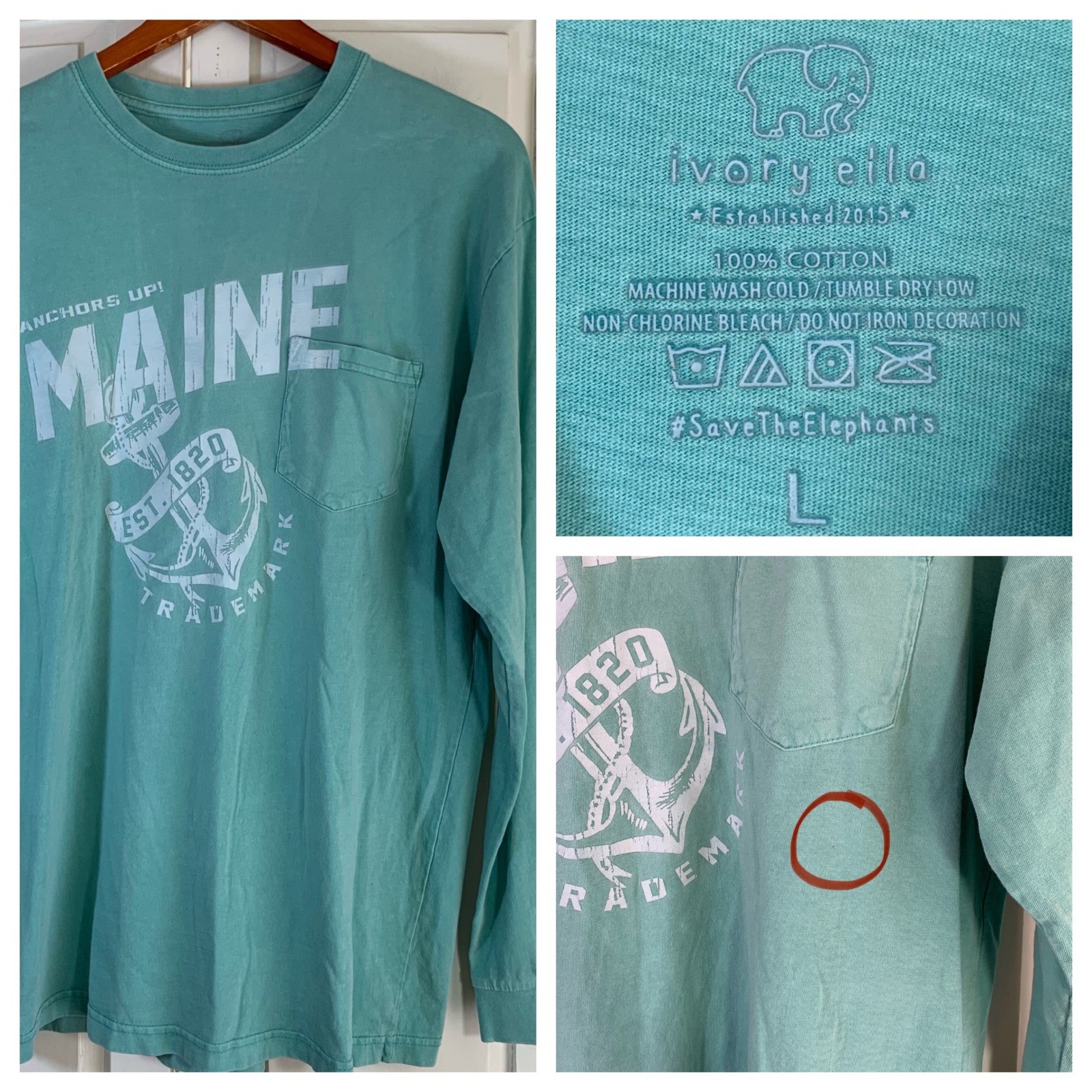 Ivory Ella Maine Anchors Up Long Sleeve Pocket T-Shirt Green Coastal STAIN