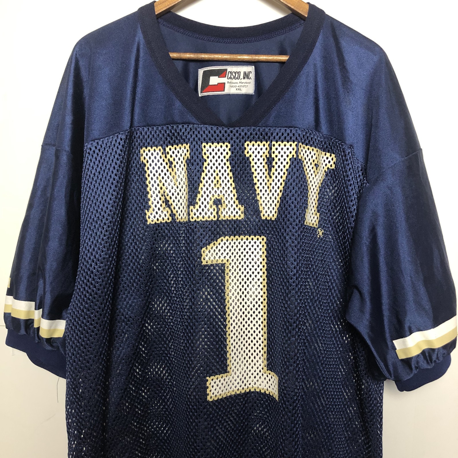 Vintage 90s US Navy Football Jersey Mens 2XL Blue Mesh Satin Cisco Inc 26×30