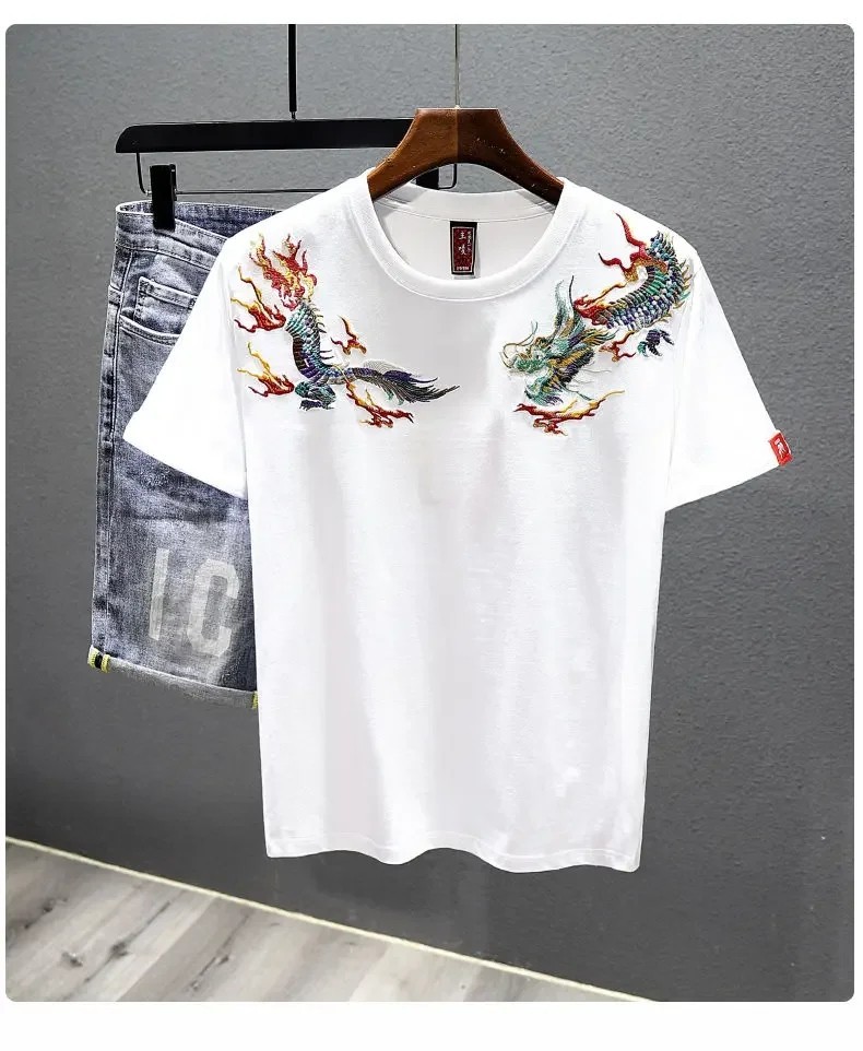 Men&rsquo;s Dragon Embroidered T-Shirt Casual Short Sleeve Summer Ethnic Style Top