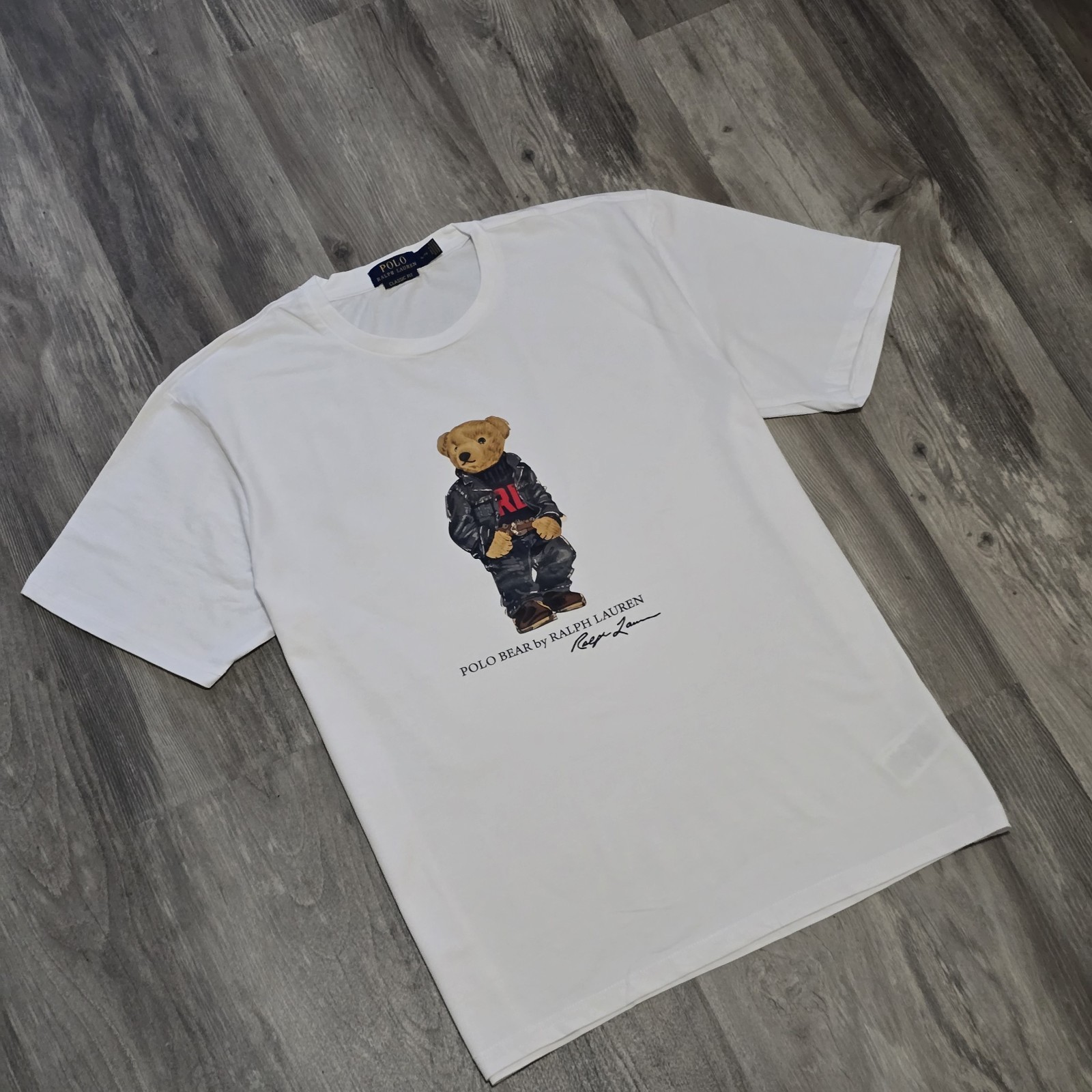 Polo Ralph Lauren Classic Fit Polo Bear Denim Crewneck Jersey T-Shirt White