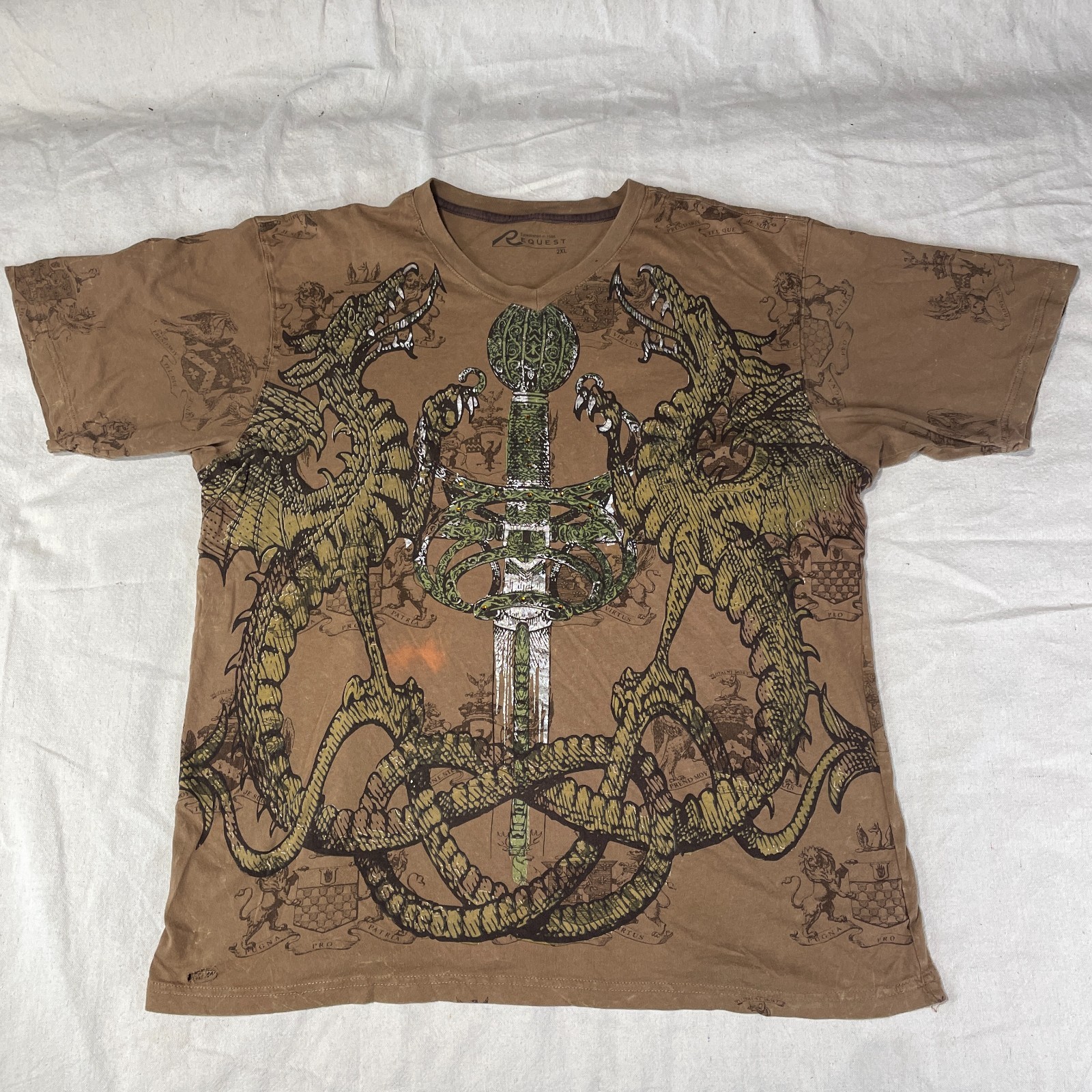 Request Shirt Mens 2XL XXL Brown Y2K Cyber Punk Mall Goth Grunge Dragon Sword