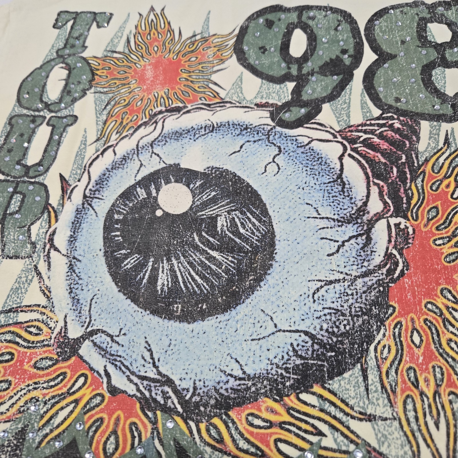 NWT Sz M Oversized* Paper Money 98&prime; Tour Rhinestone Graphic Tee Bone Beige Shirt