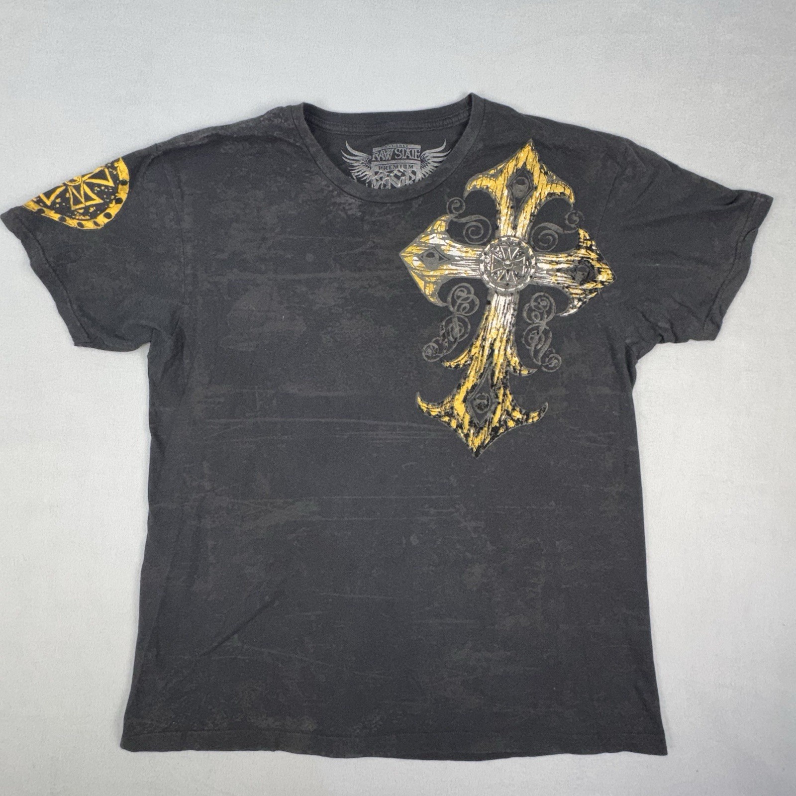 Raw State Redemption Cross Wing Graphic T Shirt Black Gold Biker Mens L Gothic