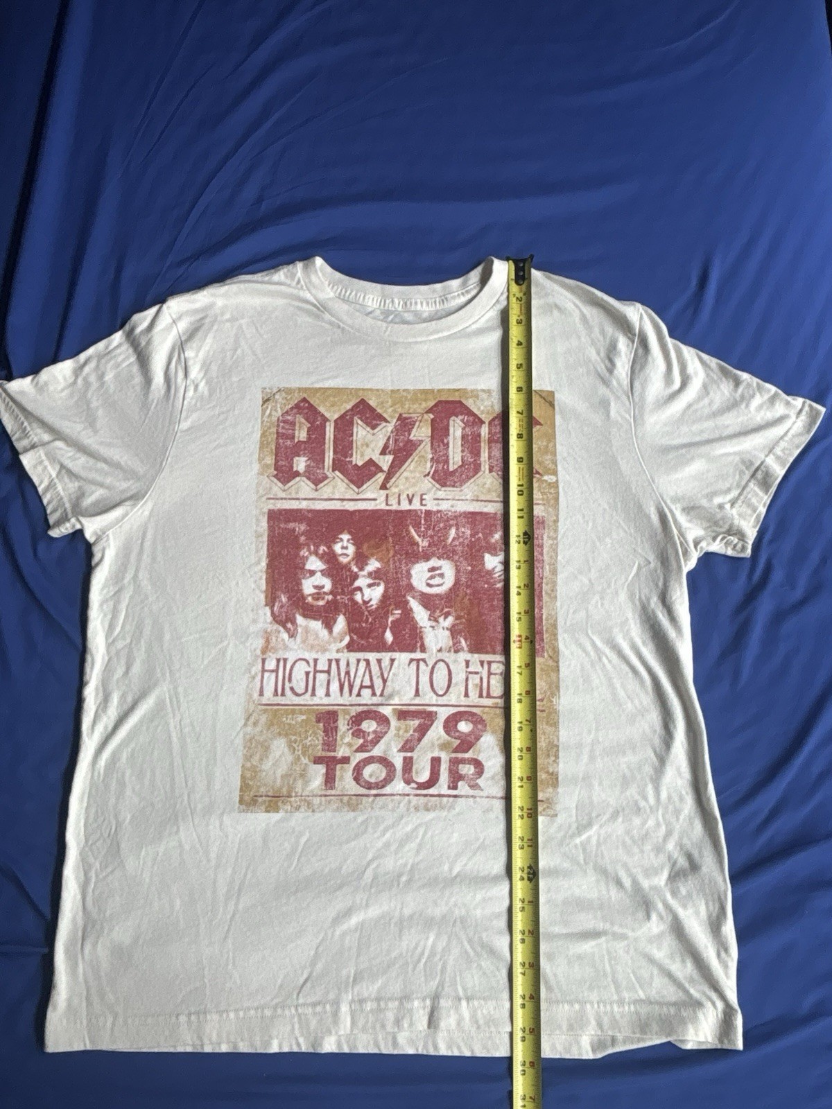 AC/DC Graphic T-Shirt Mens Large Cream Highway To Hell 1979 Tour Rock Band Tee