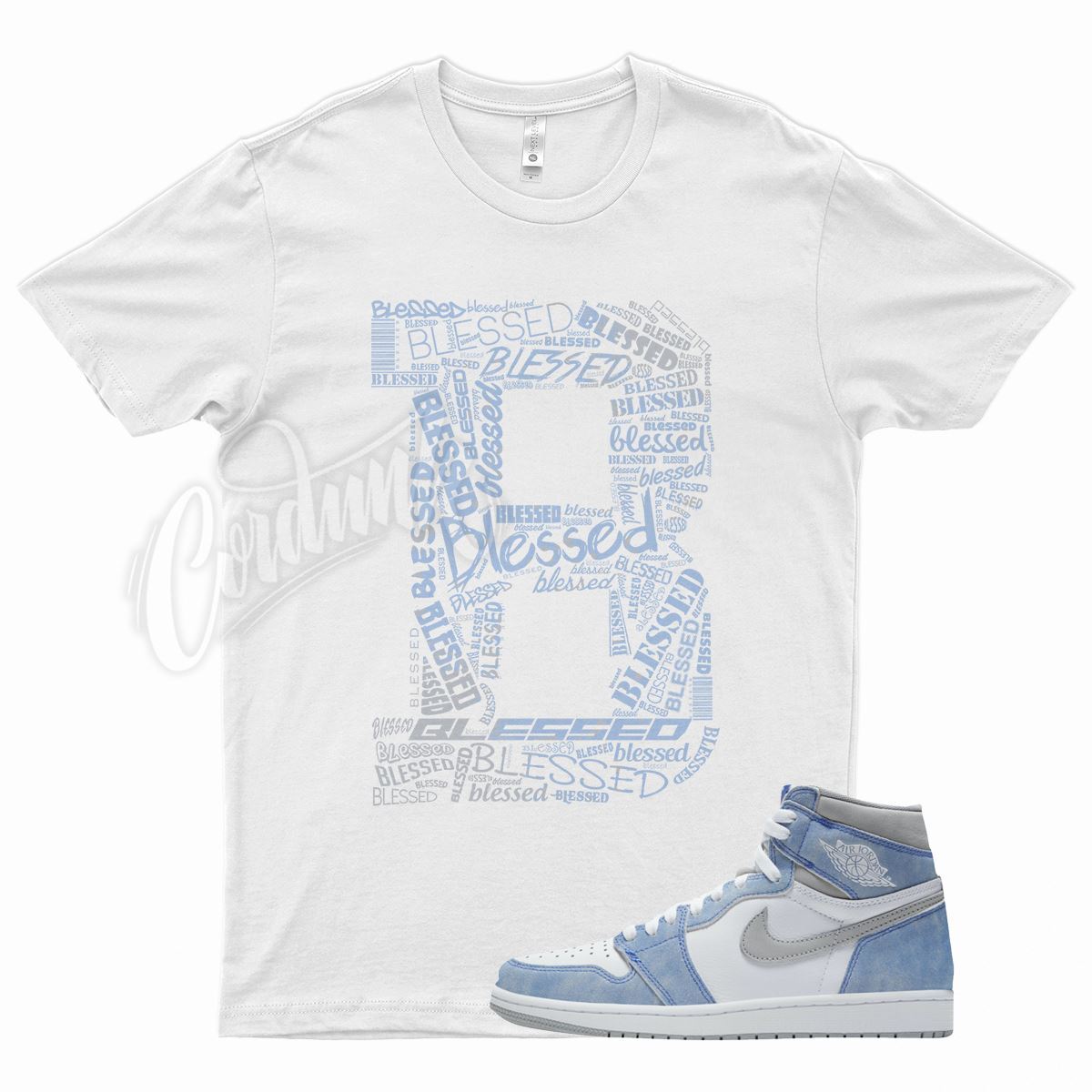 White BLESSED Shirt J1 1 Retro High OG Hyper Royal Grey University UNC Blue