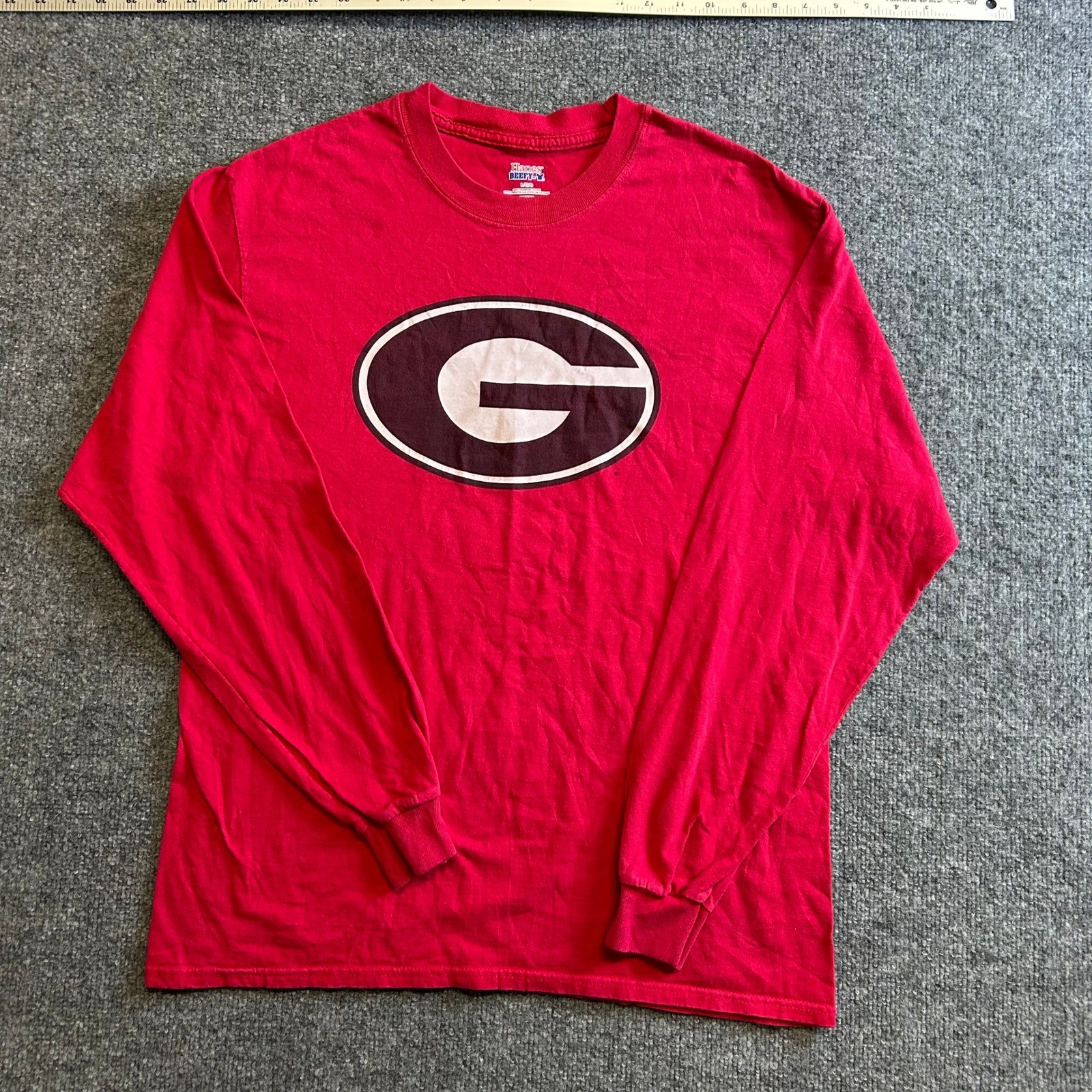 Hanes Long Sleeve Shirt Mens Size L Red Georgia Bulldogs Graphic Beefy-T Cotton