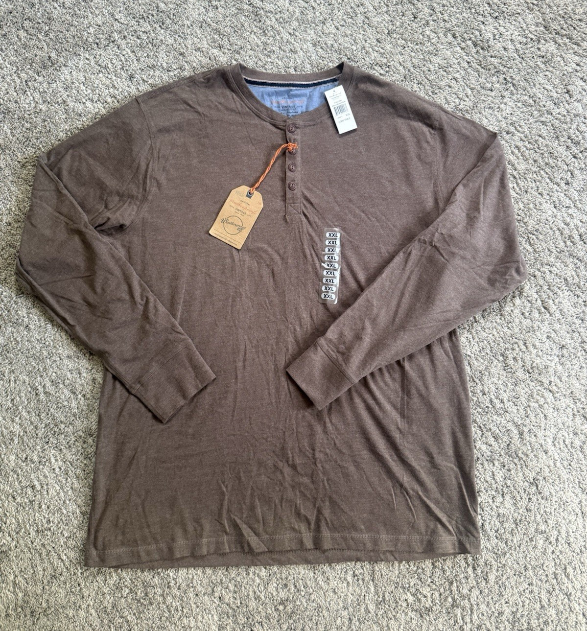 Weatherproof Vintage Men&rsquo;s Brown Solid Long Sleeve Henley T-Shirt, Button, XXL