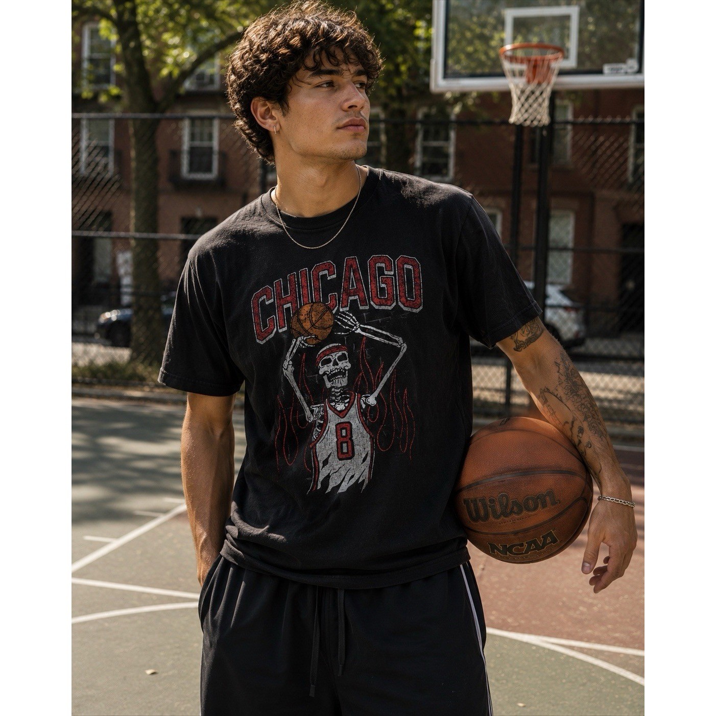 Chicago Skeleton Basketball Graphic T-Shirt Men&rsquo;s Medium Black Cotton Streetwear