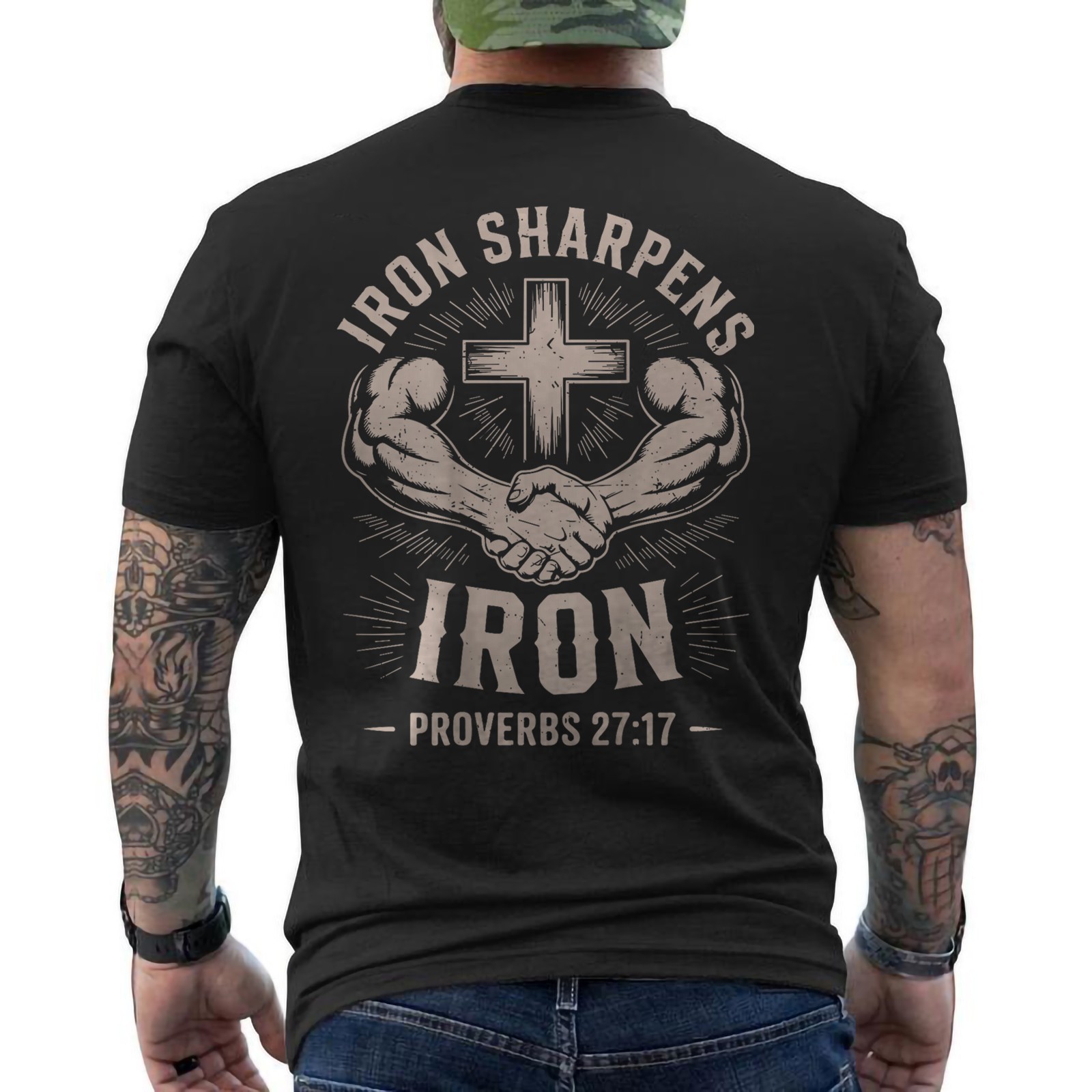 Iron Sharpens Iron Christian Men Bible Scripture Gym Workout ON BACK T-Shirt