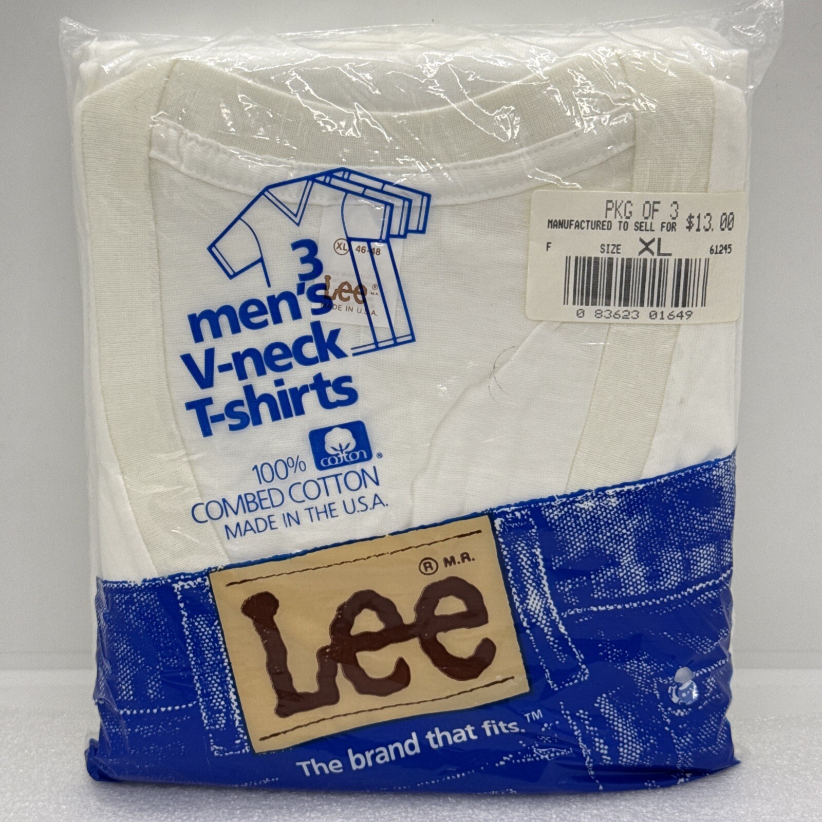 Vintage LEE V-Neck T Shirts Size XL 46/48 USA 100% Combed Cotton White NEW NOS