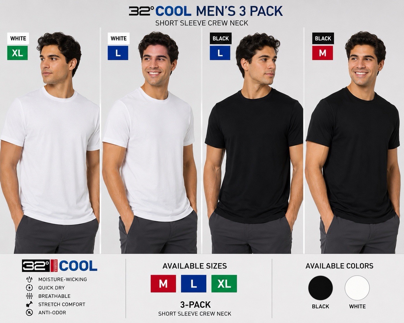 32 Degrees Cool Men&rsquo;s 3-Pack Crew Neck T-Shirts Black White M L XL NEW