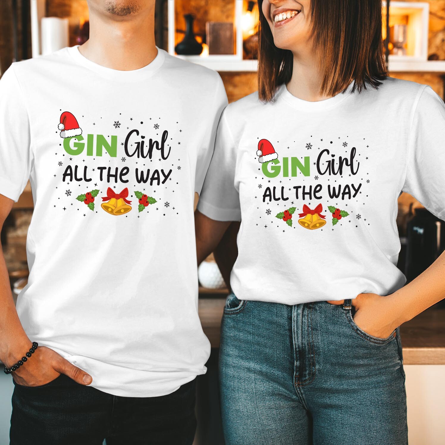 Gin Girl All The Way T-Shirt Funny Jolly Christmas Xmas Women&rsquo;s Gift Top T-5160