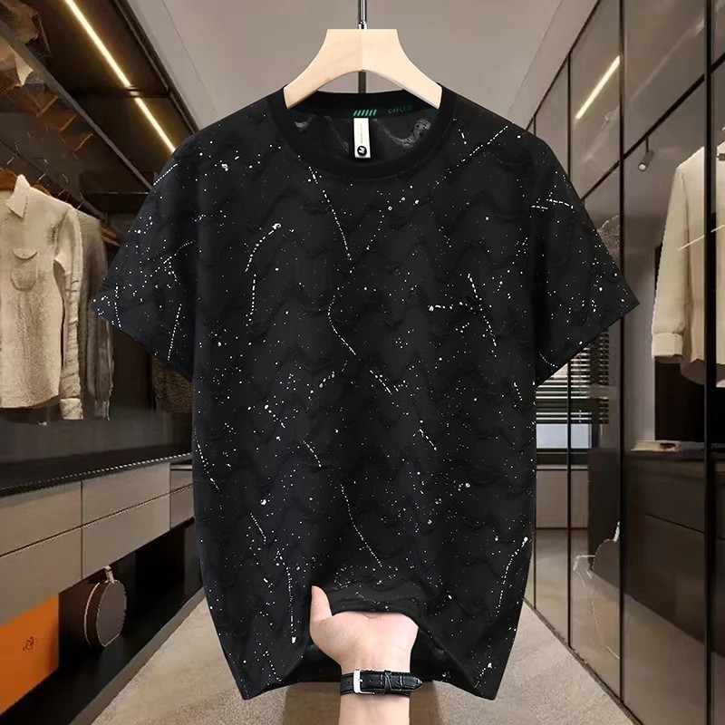 Men Luxury Fashion Trendy Diamond Ripped Hole Casual Summer Streetwear T-Shirt