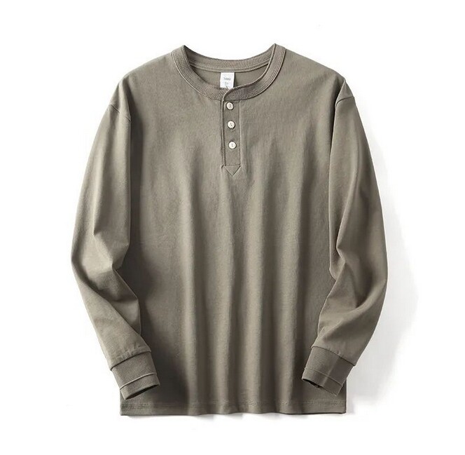 Spring Men Vintage Classic Henry Collar Shirt Casual Long Sleeve T-Shirts