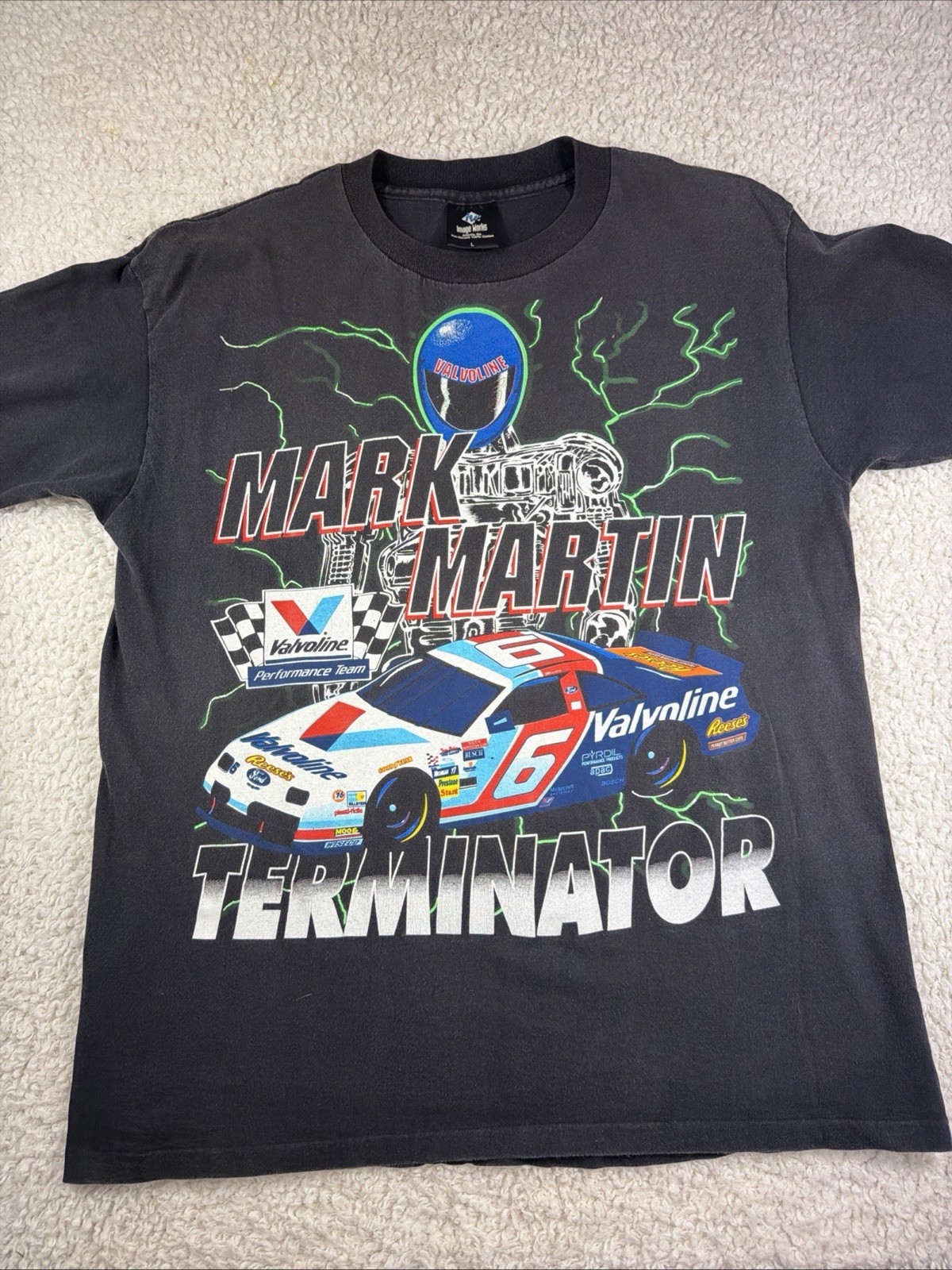 Vintage Black Single Stitch MARK MARTIN TERMINATOR T-Shirt Size L NASCAR USA🔥