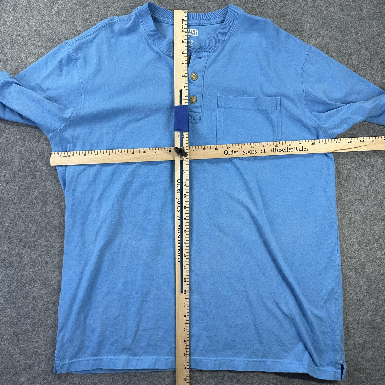 Duluth Trading Co Shirt Mens Large Blue Relaxed Fit Longtail T Henley Pocket