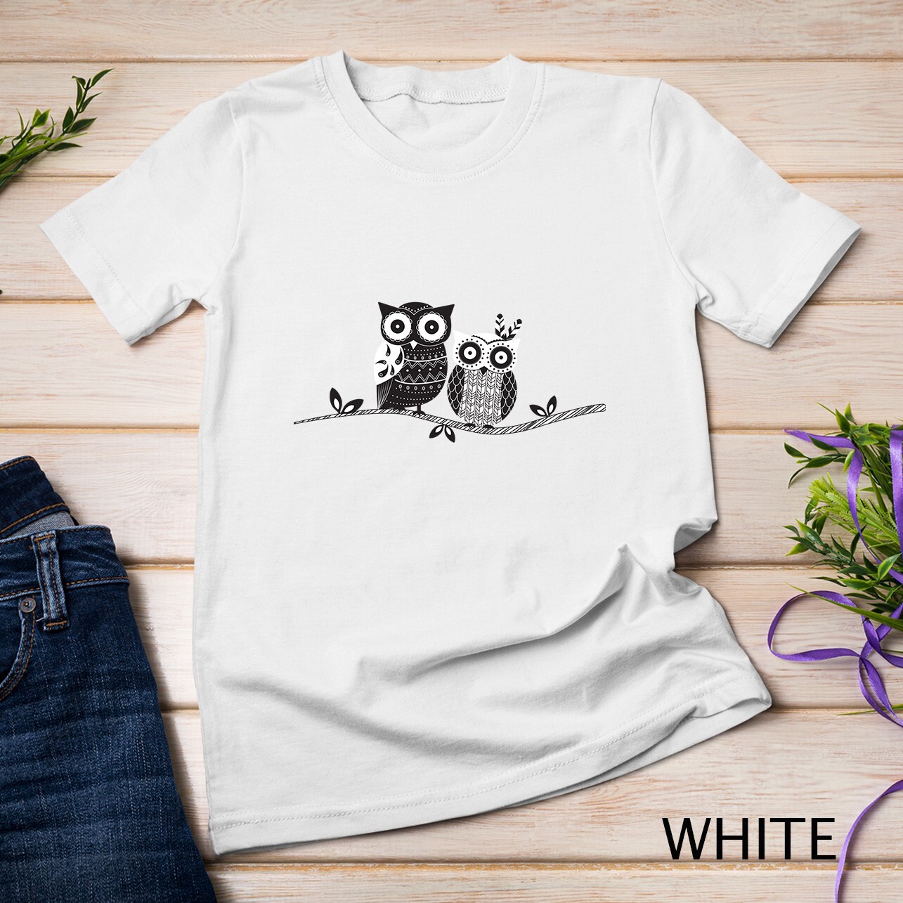 Boho Bohemian black and white Vintage Owls on branch Unisex T-shirt