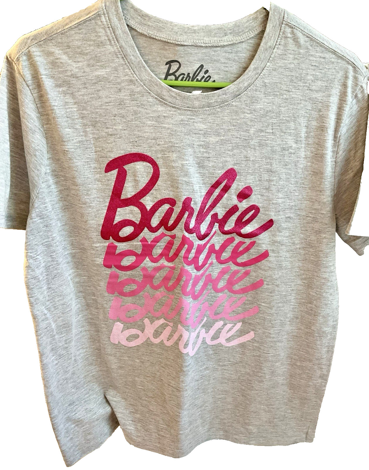 Barbie T-Shirt Unisex Adult Light Gray with Pink Ombre Letters « Barbie »