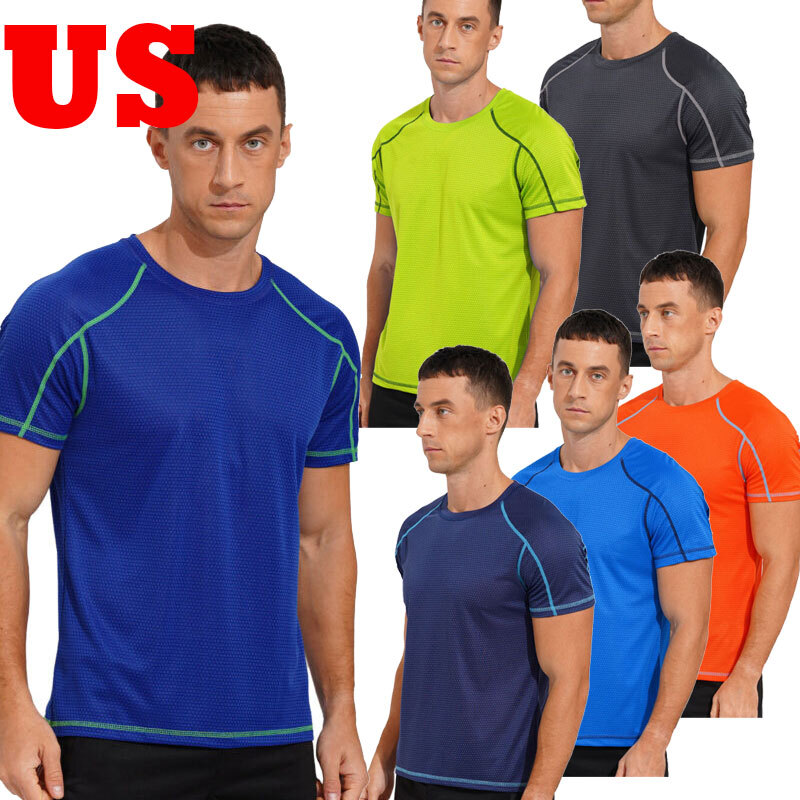 US Men Short Sleeve Swimsuit Rash Guard Workout Sports Tops Shirts Activewear